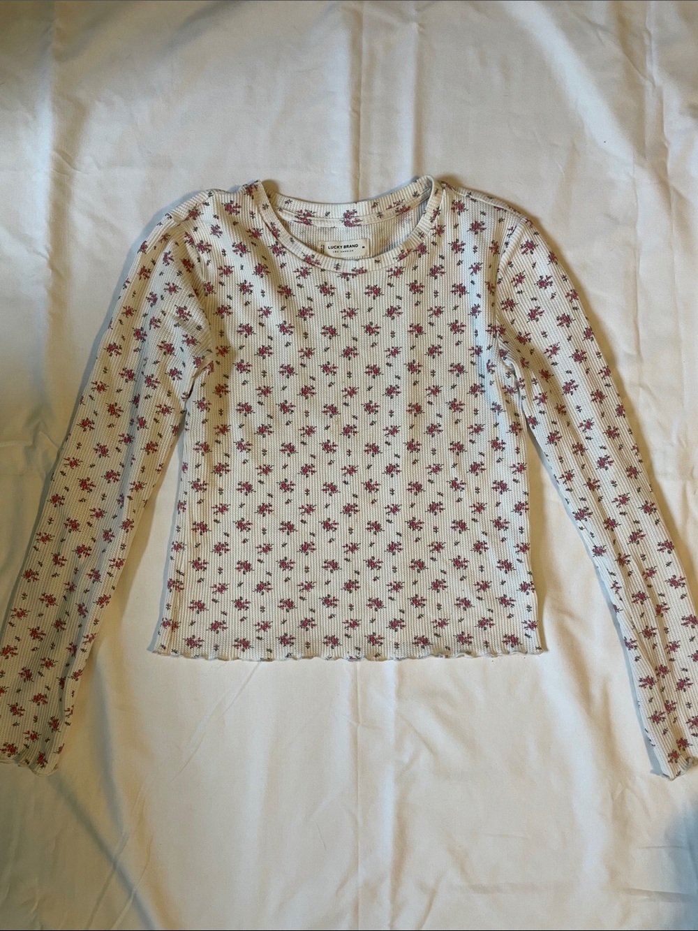 Lucky Brand Cream Waffle Knit Top with Pink Rose Print